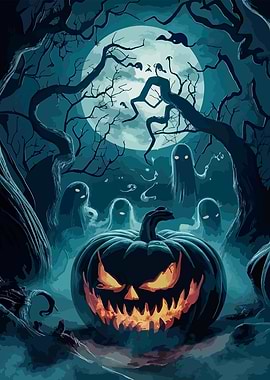 Halloween Pumpkin with Ghosts and Moon