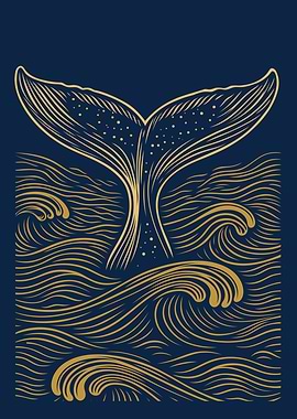 Golden Whale Tail with Waves Dark Navy