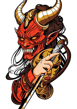 Japanese Oni Mask Warrior Illustration