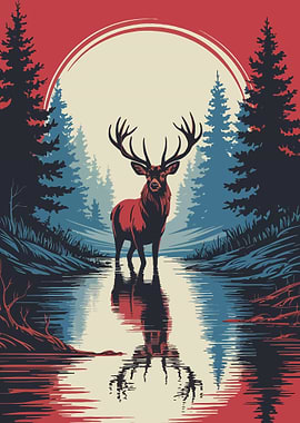 Deer in River Art