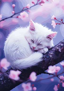 Sleeping White Cat on Cherry Branch