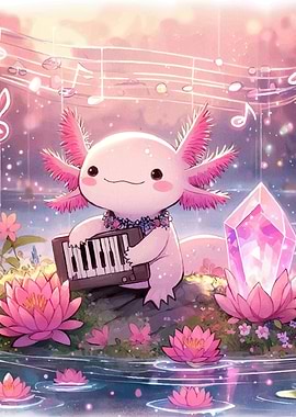 Axolotl playing piano pond