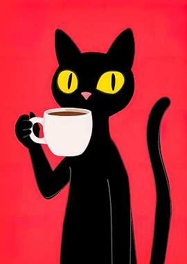 Black Cat with Coffee Cup