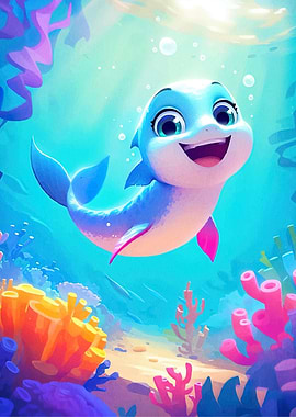 Cartoon Dolphin Underwater Scene