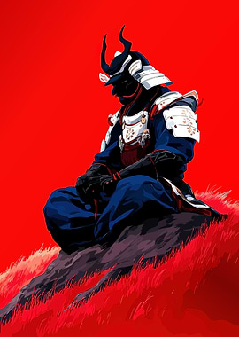 Meditating Samurai in Red Landscape