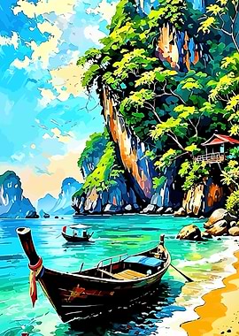 Tropical Beach with Boats and Cliffs