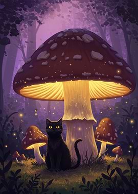 Black cat under a mushroom