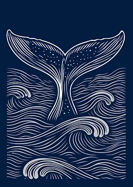 Whale Tail with Waves on Navy Blue