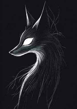 A minimalist fox spirit with glowing eyes in simple black lines