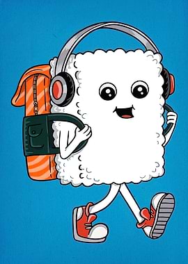 Sushi Character with Headphones and Backpack