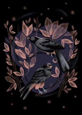 Two Birds in a Floral Nightscape