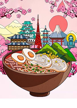 Ramen Bowl with Japanese Landmarks