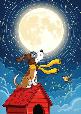 Dog Pilot on Doghouse Under Moonlight