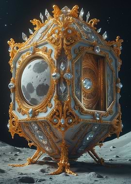 Ornate Jewel-Encrusted Lunar Reliquary — Baroque Golden Egg on the Moon