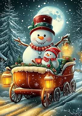 Snowman Sleigh Winter Scene