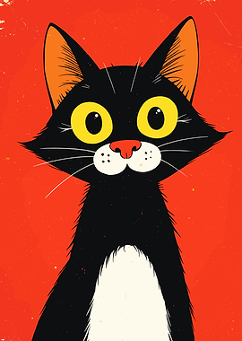 Cartoon Black Cat Portrait on Red