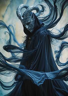 Ethereal Horned Masked Sorcerer in Flowing Blue Cloak