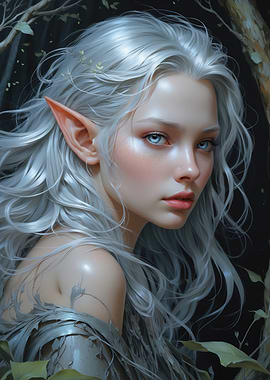 Silver-Haired Elven Portrait — Ethereal Fantasy Woman in Forest