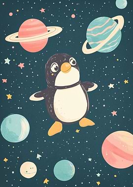 Penguin in Space with Planets