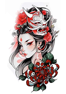 Geisha with Oni Mask and Flowers