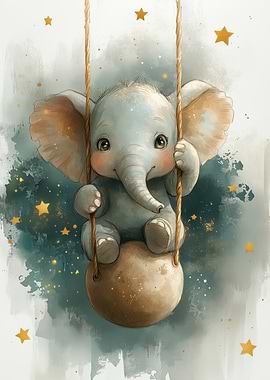 Cute Elephant on Swing with Stars