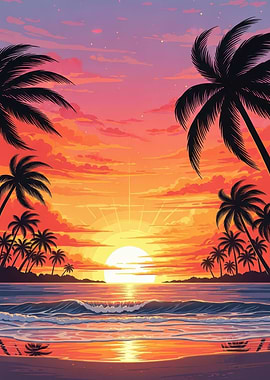 Tropical Beach Sunset with Palm Trees