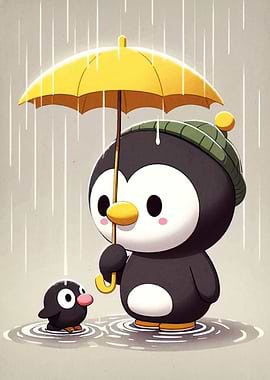 Cute Penguins in the Rain