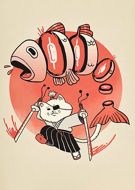 Samurai Cat with Fish Sushi