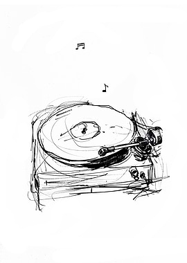 Turntable Sketch with Music Notes
