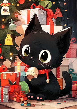 Cute Black Cat Christmas Illustration