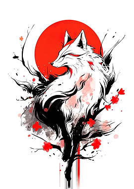 Fox with Red Sun Digital Art