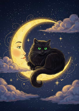 Black Cat on Crescent Moon