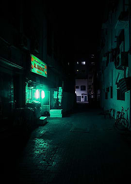 Night alley with green neon light