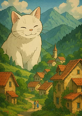 Cat Overlooking Village Landscape