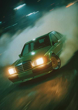Green Mercedes Drifting at Night