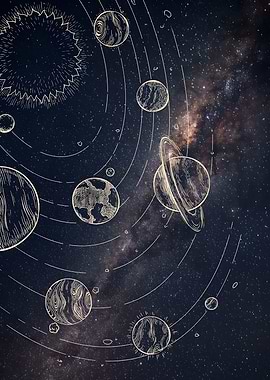 Solar System Sketch on Starry Background