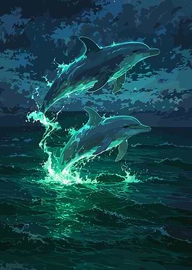 Dolphins leaping in the ocean