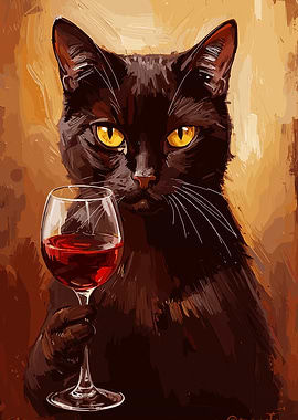 Sophisticated Cat with Wine Glass Painting