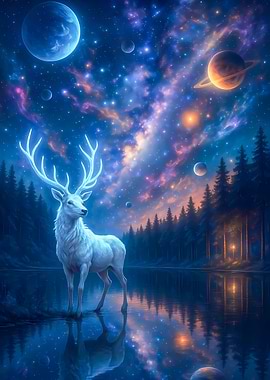 Celestial Deer in Cosmic Lake