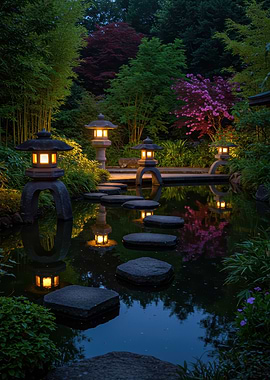 Illuminated Japanese Garden at Dusk