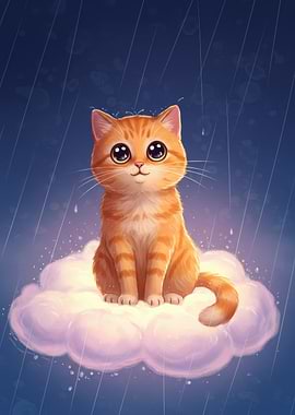 Cute Cat on Cloud in Rain