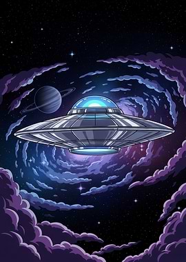UFO in Space with Planet