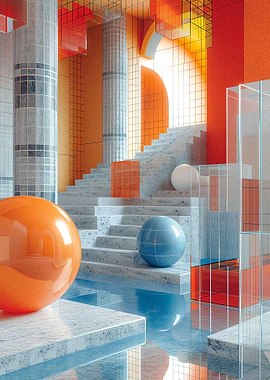 Abstract Interior Architecture with Spheres and Water