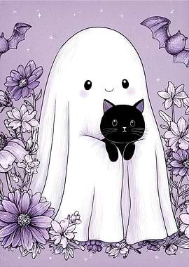 Cute Ghost with Black Cat and Flowers