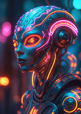 Neon Cybernetic Portrait — Futuristic Female Android with Glowing Circuits
