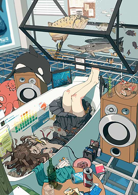 Girl in Bathtub with Fish Tanks