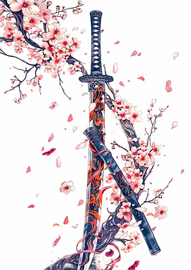 Katana and Cherry Blossoms Illustration