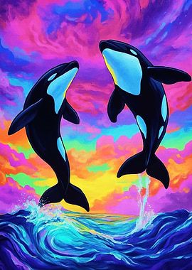 Orcas leaping colorful ocean