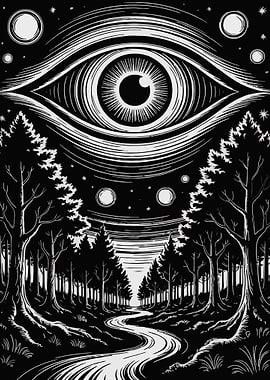 Monochrome Eye in Forest Landscape