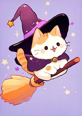 Cute Cat Witch on Broomstick
